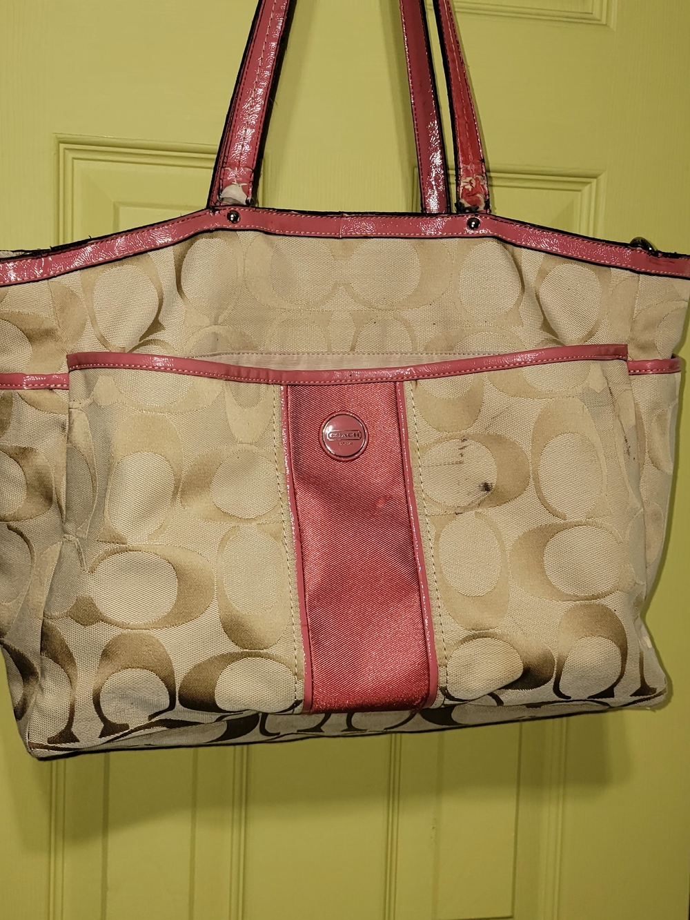 Coach Beige Signature Canvas Tote with Pink Trim